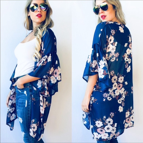 Tops - 1 Left! Pretty Navy Floral Kimono w/Ruffle Sleeve!